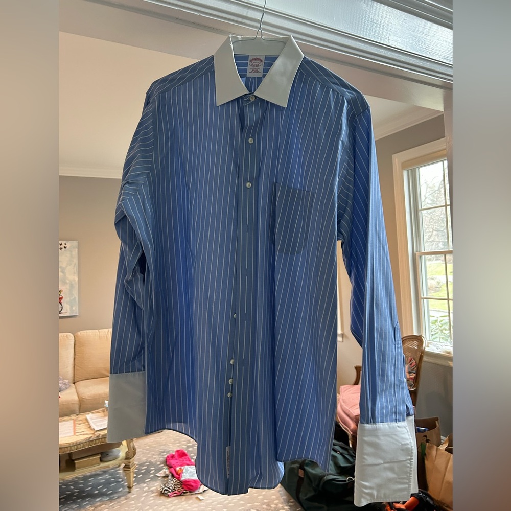 Brooks Brothers Blue Pinstripe Dress Shirt with White Contrast Collar and Cuffs